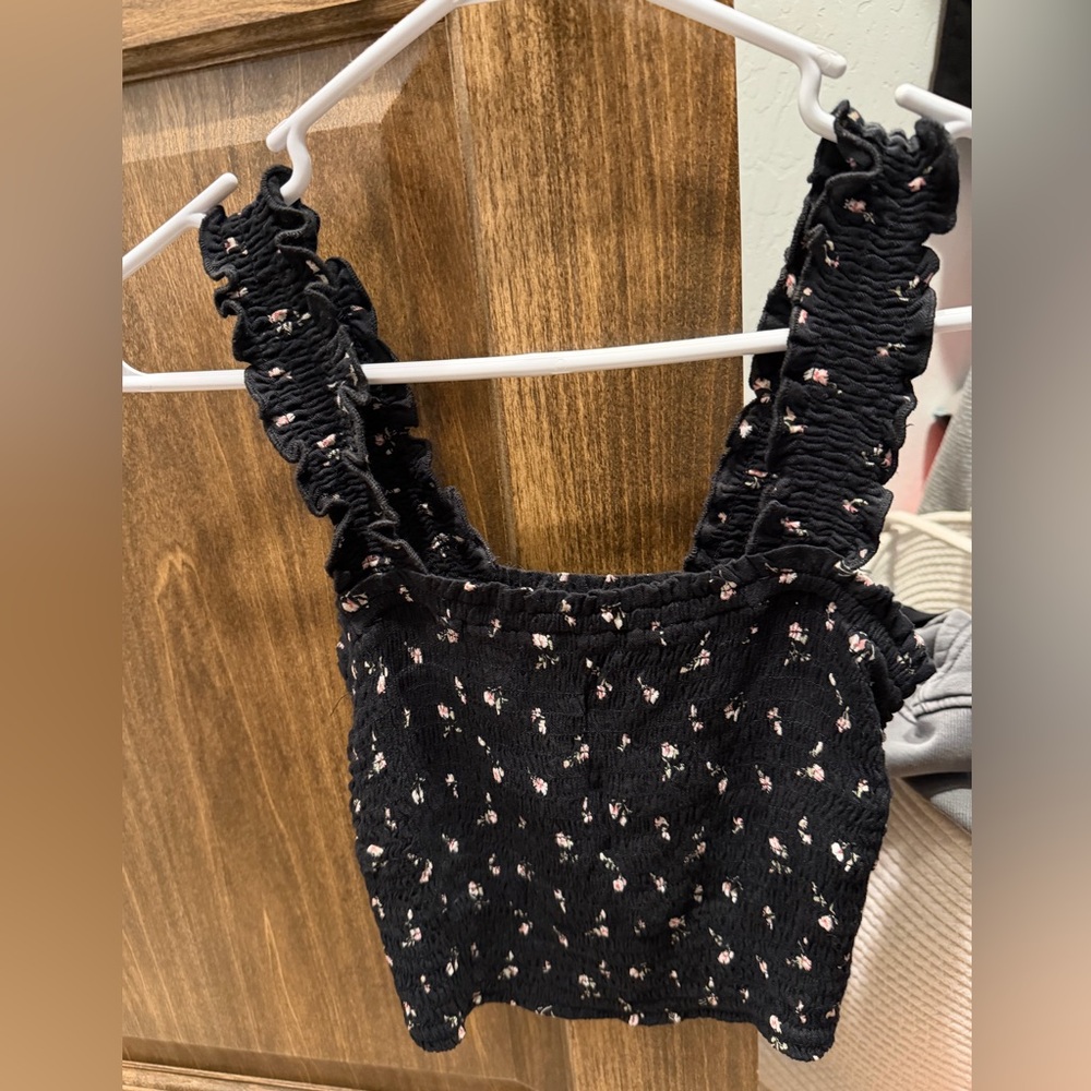 Hollister Black Tank Top with White Floral Design
